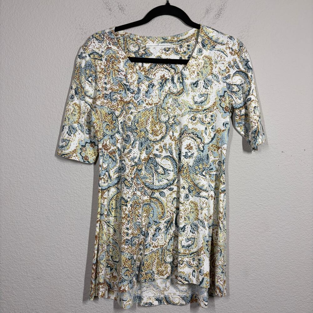 Peruvian Connection Size Small Top Blue Beige Paisley Cotton Blend Crew Neck